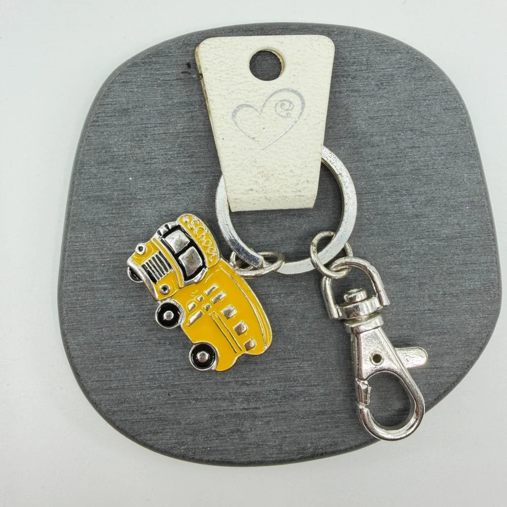 Yellow School Bus Enamel Charm Keychain Silver Tone Lobster Clip Teacher Gift